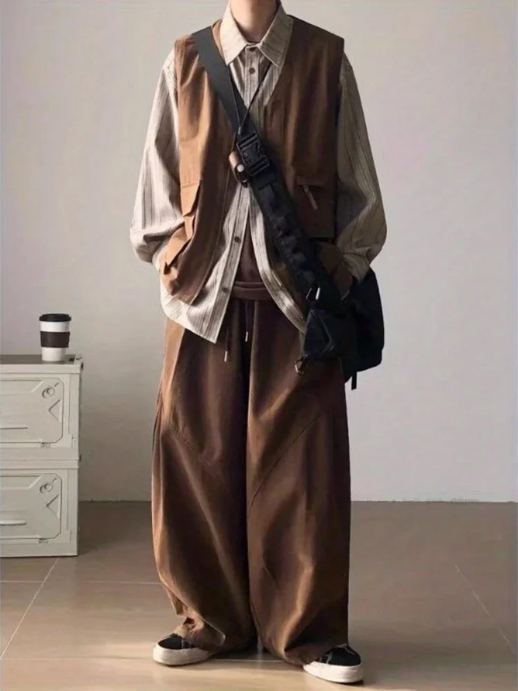 

Japanese Retro Workwear Vest Unisex Cargopants Set Vintage Military Jacket Layering Outfit For Autumn Winter​