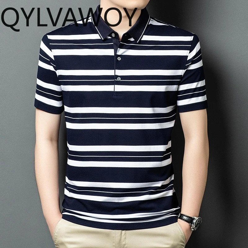 QYLVAWOY High-end Mulberry Silk Men's Polo Shirts Loose Short Sleeve Stripe T Shirts for Man Summer Lapel Tops Business Casual