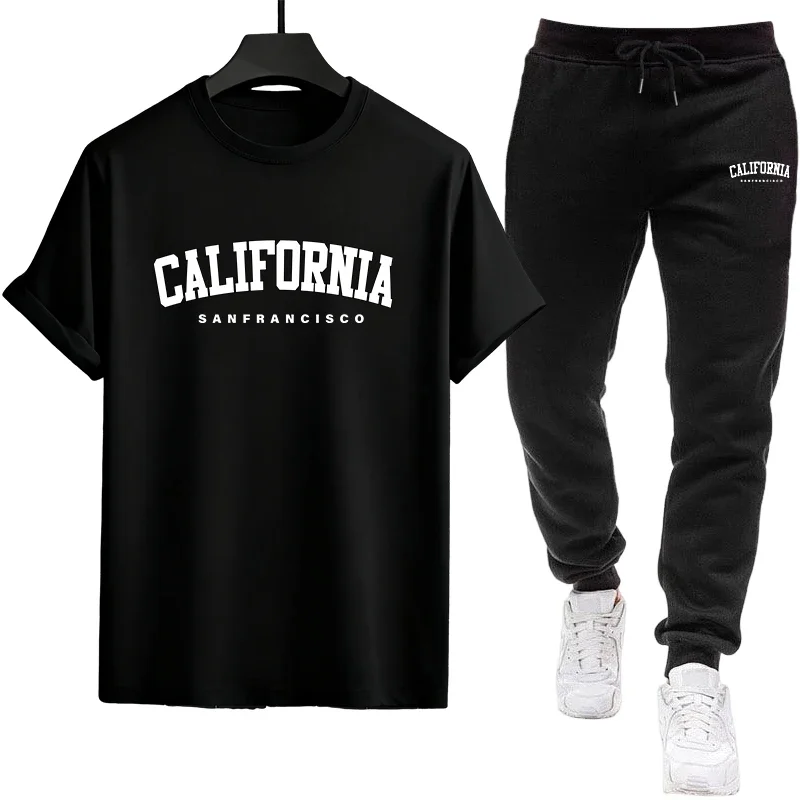 

Urban Casual Fashion Male Tees Suit Spring Summer Comfort Cool Outfits Men's Tracksuit Crew Neck T-shirt and Black Sweatpants