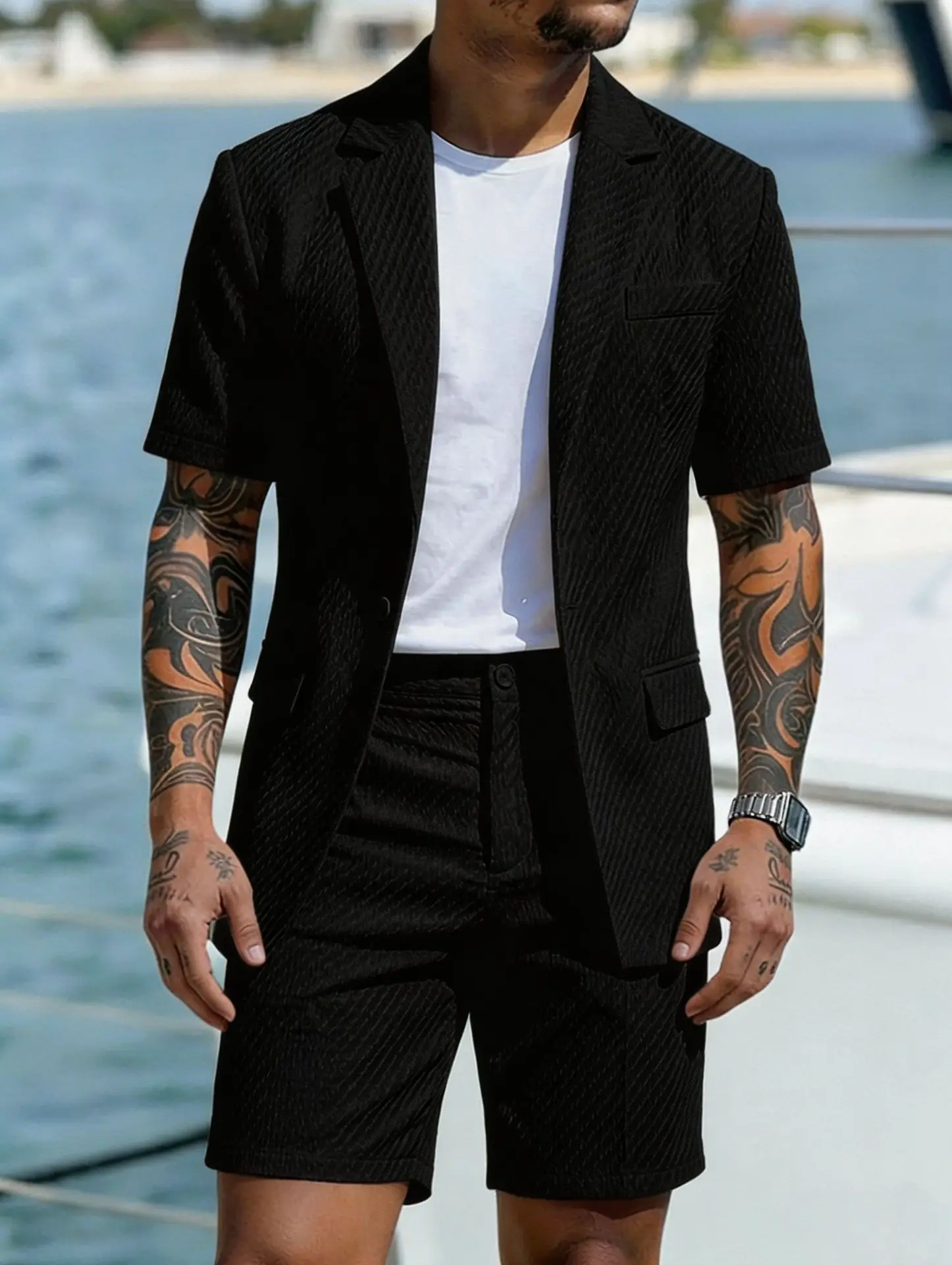 Herren Leichter Strukturierter Zweiteiler mit Reverskragen, Kurzarm-Einreiher-Blazer und Passenden Shorts für Sommerlichen Smart-Casual-Look – Detail 13
