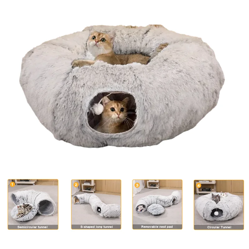 

Plush Cat Tunnel Bed Foldable Two-in-One round Warmth Pet Nest Thickened Cozy Cuddly Cat hiding house tunnel for cats