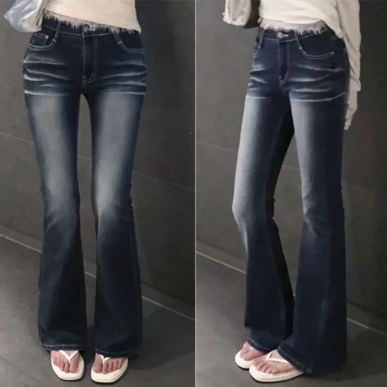 Retro Washed Bell Bottom Jeans High Waist Slim Fit Women's Commuter Cotton Denim Jeans Gradual Bleaching Wide Leg Pants