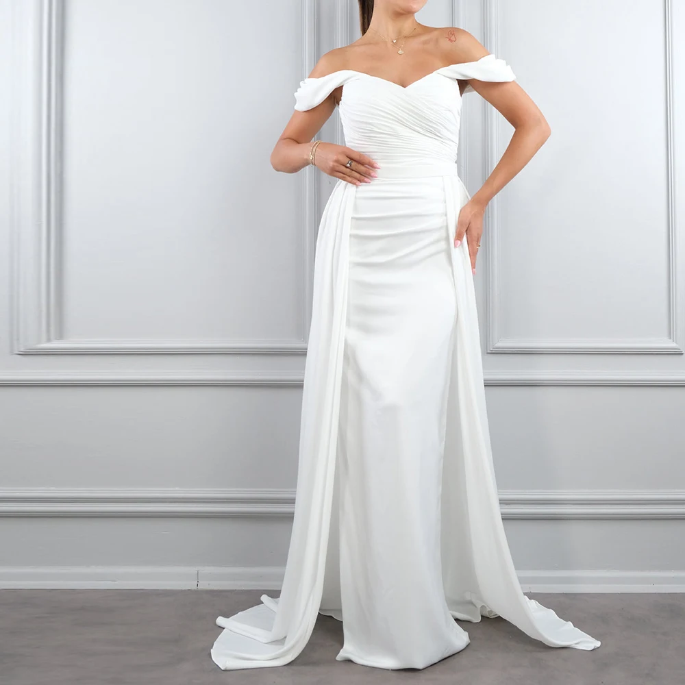 

Floor Length Off the Shoulder Saudi Arabia Evening Gowns Straight Jersey Short Sleeves Pleats Sweep Train Special Occasion Gowns