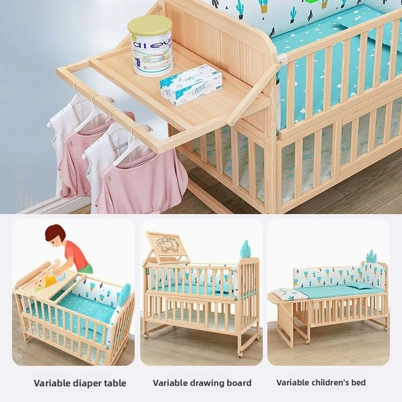 سرير أطفال من الخشب الصلب قابل للتحويل سرير طفل صغير متحرك لحديثي الولادة مهد متعدد الوظائف سرير الرضع للأطفال الأولاد والبنات #4