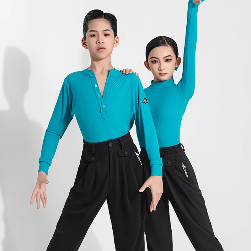 2024 Latin Dance Tops For Kids Long Sleeved Practice Clothes Chacha Rumba Tango Dress Girls Boys Latin Performance Wear DN17216