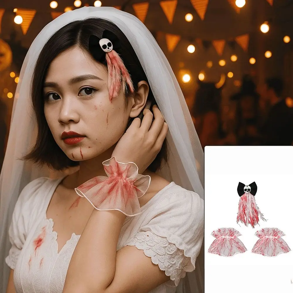 Tocado de novia de Halloween con rosas, gótico, mancha de sangre oscura, esqueleto, mano, rosa, horquilla, esqueleto, encaje, Clip para el cabello, pulsera