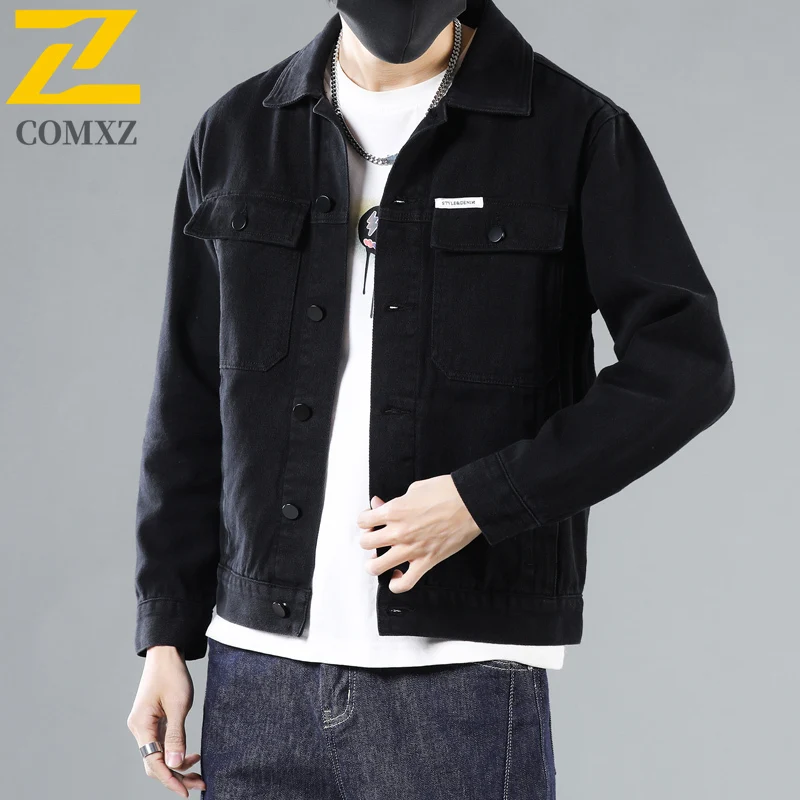 COMXZ 2025 الخريف الرجعية الدنيم سترة رجالي عالية الجودة القطن جيب الشباب العمل سترة عادية موضة فضفاضة الدراجات الجينز معطف