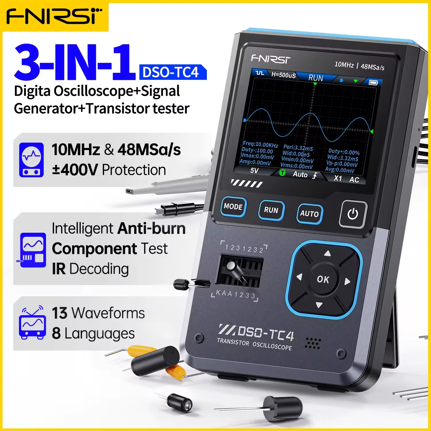FNIRSI DSO-TC4 Upgrade 3 in 1 Digital Oscilloscope 10MHz 48Ms/s Transistor Tester Electronics Component Tester USB Charger Tools