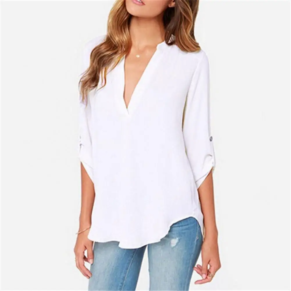 Mulheres V Neck Ruched Camisa, Monocromática, Solta, Mangas Compridas, Plus Size, Verão Escritório Senhora Blusa, Roupas Femininas, Camisa Feminina, L-4XL