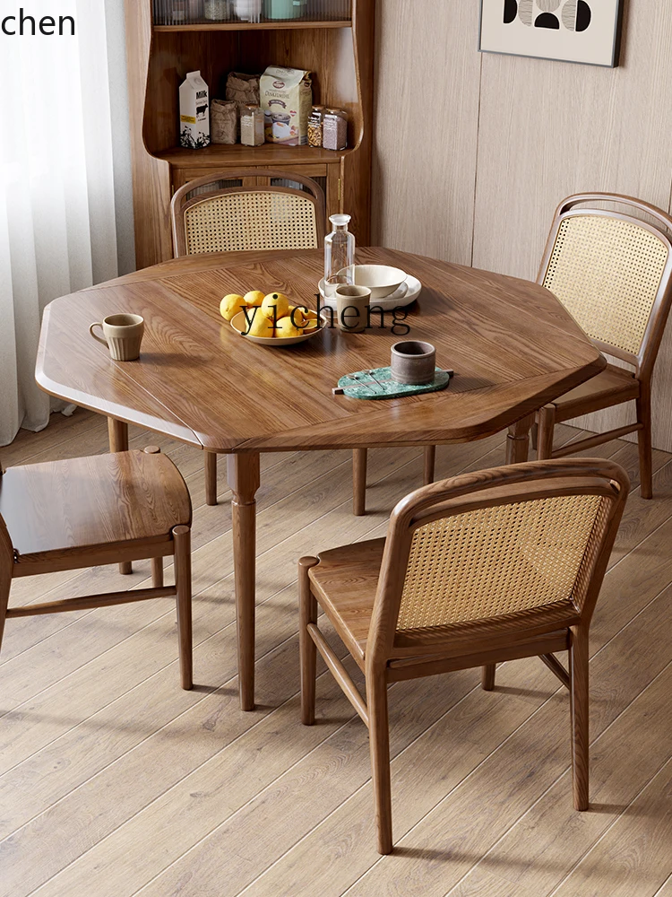 HXL solid wood dining table deformable folding octagonal round table dual-purpose dining table and chairs