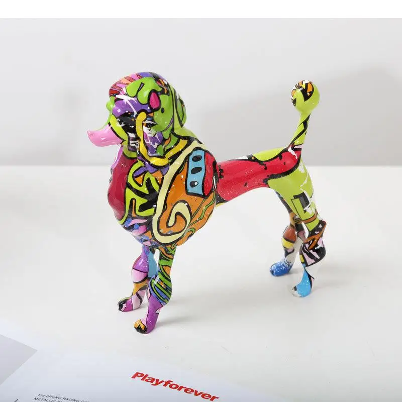 Graffiti Poodle Dog Sculpture Desk Decoration Painted Crafts Animal Statue Ornaments Modern Decor Colorful