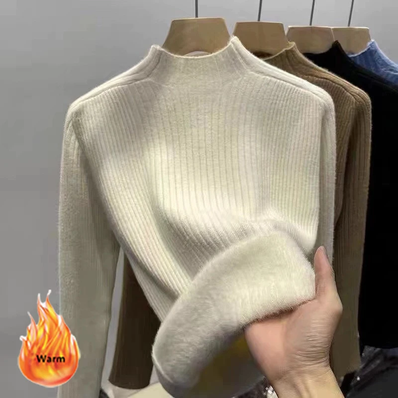 Plush Velvet Sweater Women Solid Half High Collar Knitted Pullover Soft Autumn Winter Knitwear Top All-Match Christmas Sweater