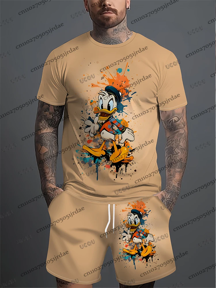 

Новые летние мужские спортивные костюмы, футболка с короткими рукавами и шортами «Дональд Дак», повседневный костюм, спортивная уличная одежда, мужская одежда из 2 предметов