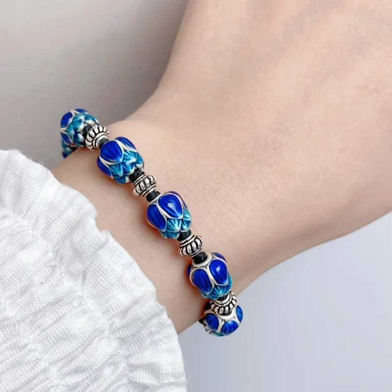 925 Silver Blue Enamel Charm Bracelet for Women Creative Exquisite Lotus Vintage Braided Bangles New in Originality Jewelry Gift