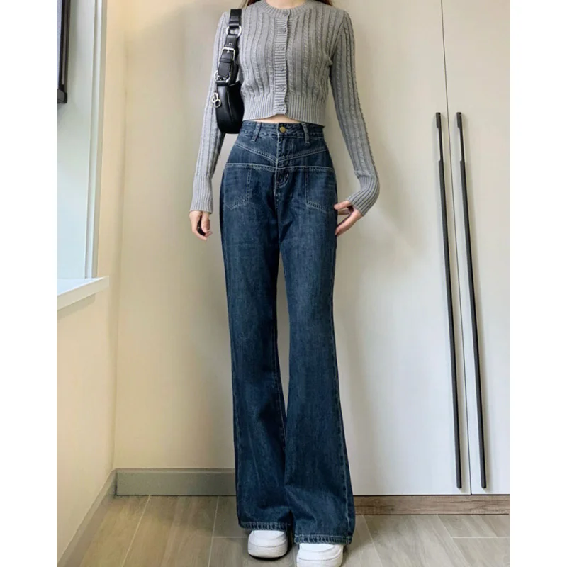 

Blue High Waist Women's Jeans Flare Pants Vintage American Fashion Street Wide Leg Jean Female Denim Trouser Baggy Denim Pants