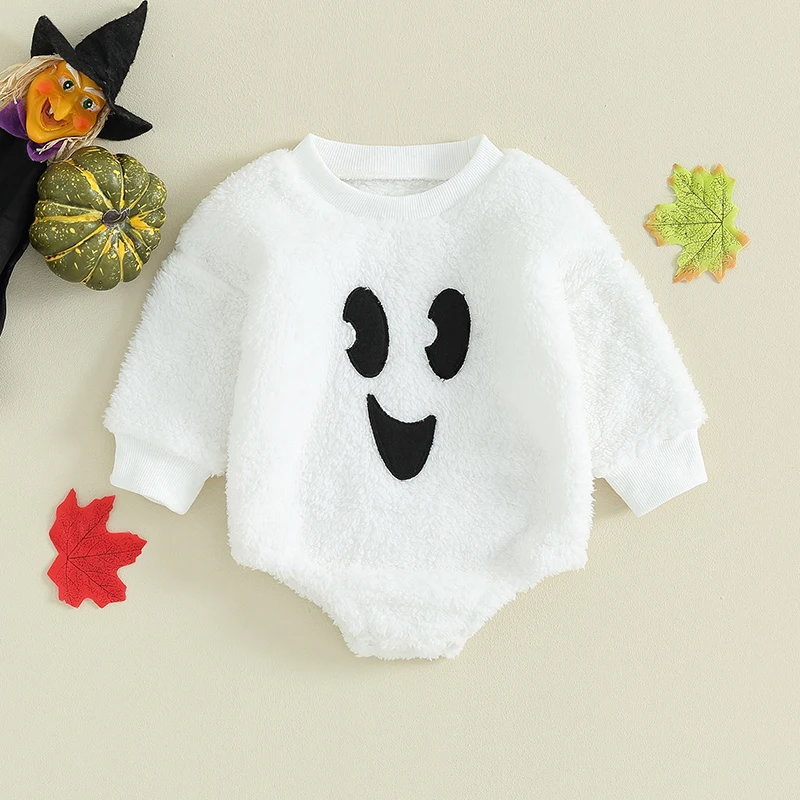 Newborn Baby Halloween Costume Girl Boy Pumpkin Ghost Fur Hoodie Fleece Jumpsuit Romper Fall Winter Clothes Outfits