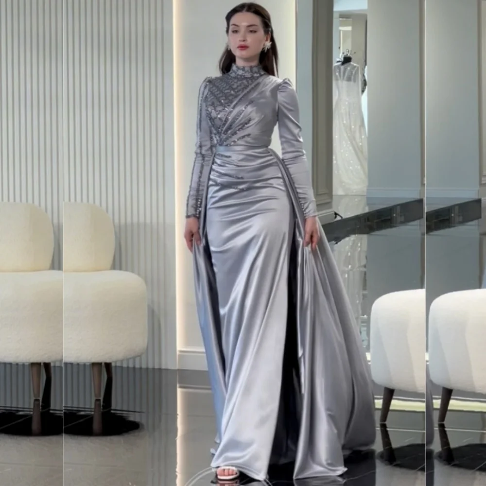 

Customized Modern Style Charmeuse Sequined Pleat A-line High Collar Long Dresses Bespoke Occasion Intricate