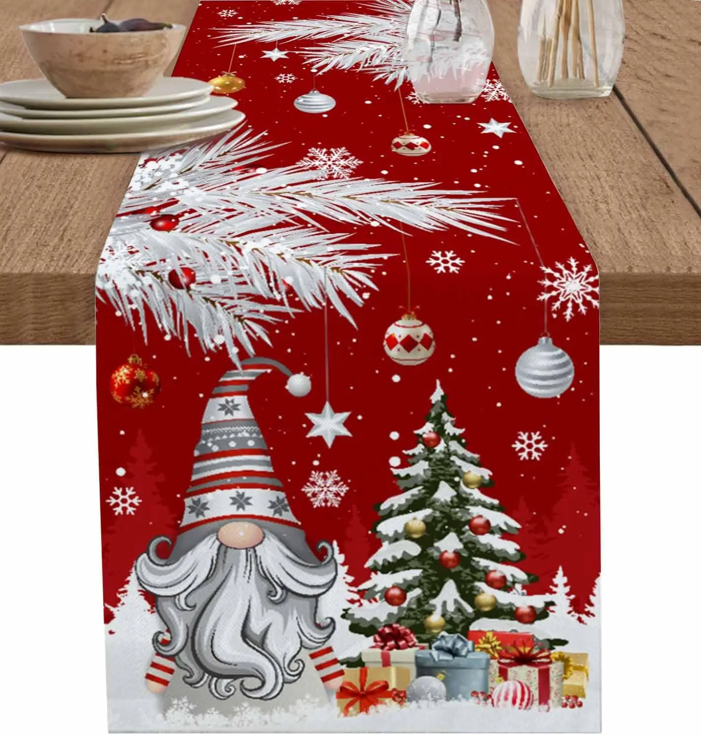 Christmas Gnomes Snowflake Linen Table Runner Party Decor Washable Winter Kitchen Dining Table Runner Christmas Decorations