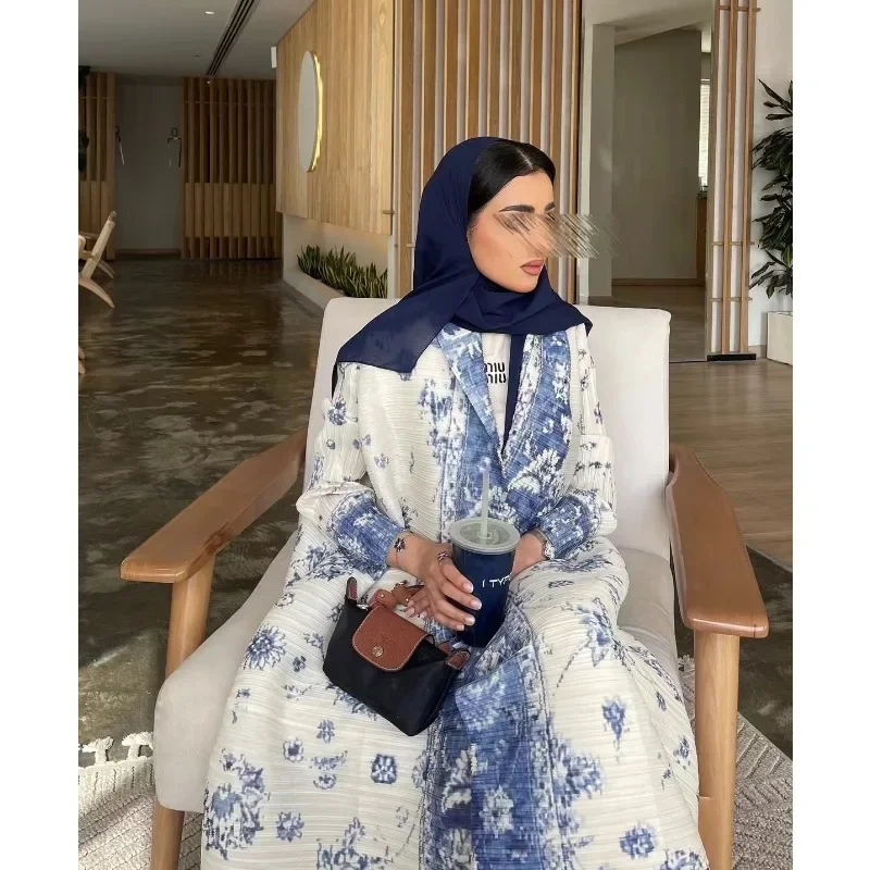 Fashion Saudi Women\'s Long Gown White Premium Printed Temperament Elegant Pleated Abaya Casual Peplum Holiday Dress Jacket