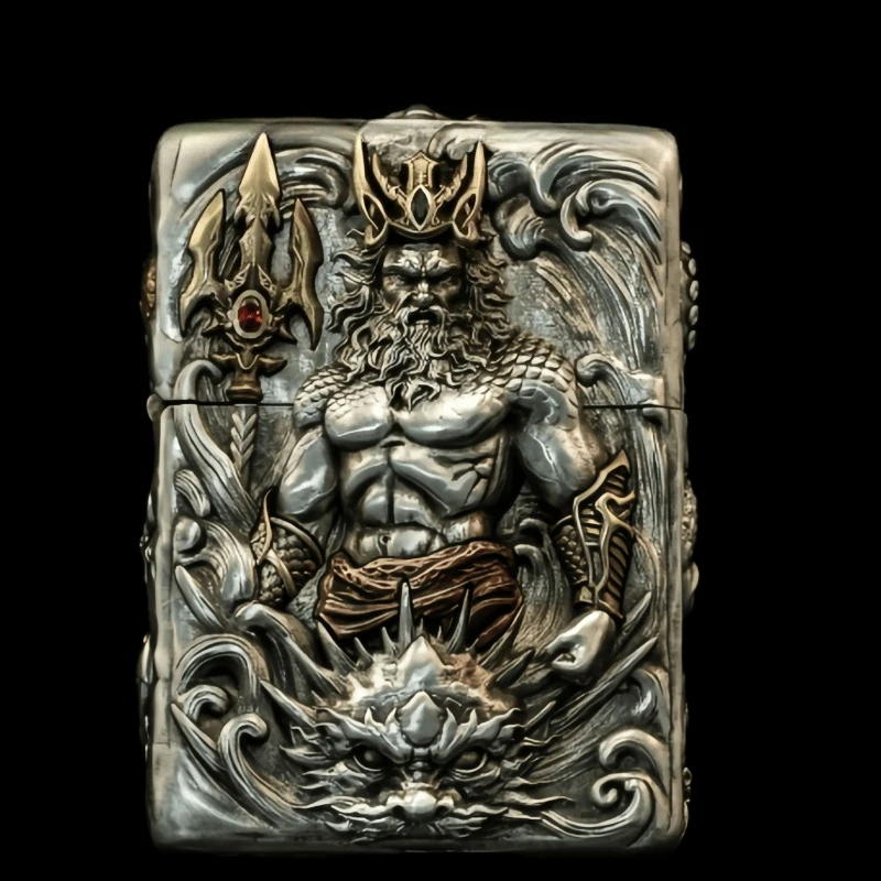 Sea God Poseidon Hand Carved Fuel Lighter, Embossed Brass Inlaid Lighter, Collection Hobby, Men's Gift