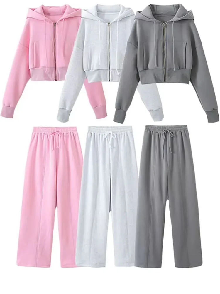 2024 Damen-Hosen-Set, einfarbig, rosa + graue Röhrenoberteile + Langarm-Kapuzenmantel + elastische Taille, kausale, lockere Fleece-Hosen, Straße