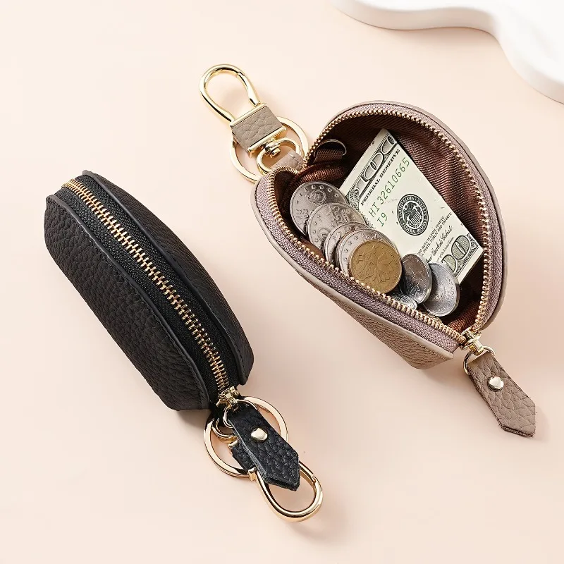 Fashion Pebbled Leather Key Coin Pouch, Curved Shape Zipper Mini Wallet with Key Ring, Elegant Small Coin Purse for Women & Men