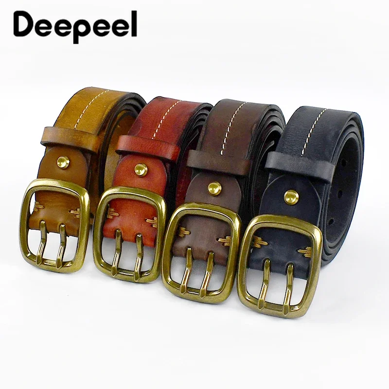 1Pc Deepeel 3.8*105-125cm Double Needle Buckle Belt Men's Genuine Leather Pure Cowhide Belts Luxury Thick Retro Jeans Waistband