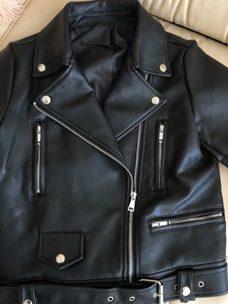 Spring Autumn Women Moto Biker Black Pu Fuax Leather Jacket Streetwear Female Belt Zipper Slim Fit Short Coat Outwear