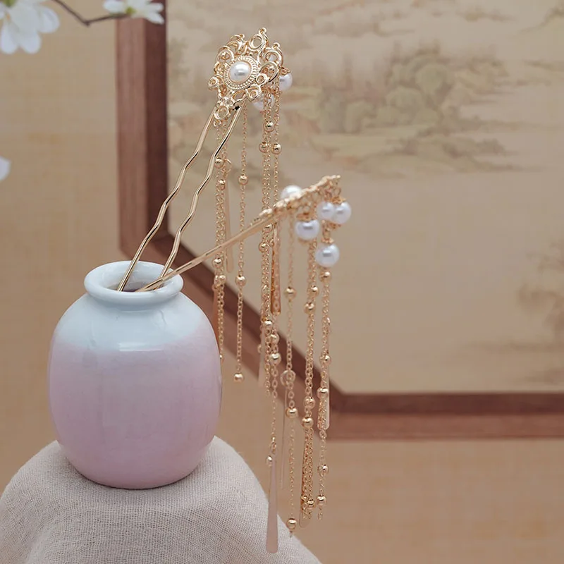 Chinesische Perlen-Quasten-Haarnadel, elegantes Hanfu-Qipao-Haar-Accessoire mit schüttelnder kleiner U-förmiger Palast-Haarnadel für den täglichen Gebrauch – Detail 4