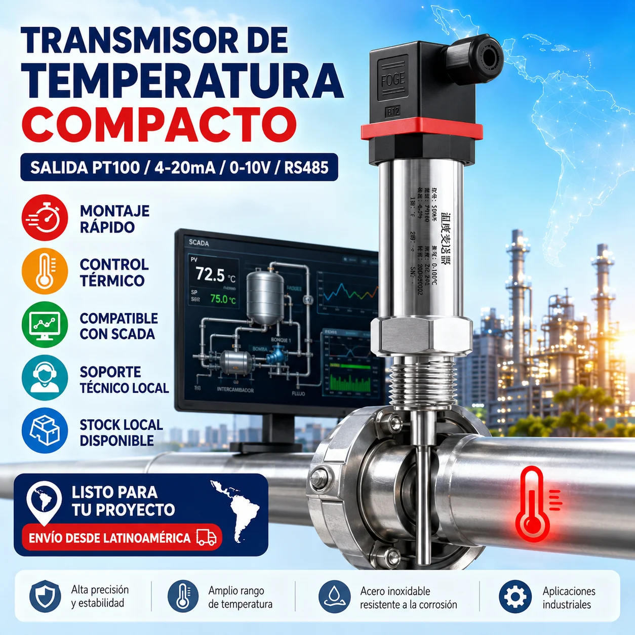 Temperature Transmitter Integrated Temperature Probe Stainless Steel Probe 4-20Ma 0-10V Rs485 Input Pt100 Pt100 Sensor with Transmitter for Plc and Scada