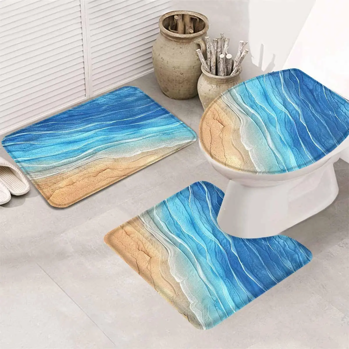 Ocean Sea 3 Piece Bath Rugs Set Beach Coastal Sea Waves Gradient Blue Bathroom Mats Absorbent Contour Soft Mat Toilet Lid Cover
