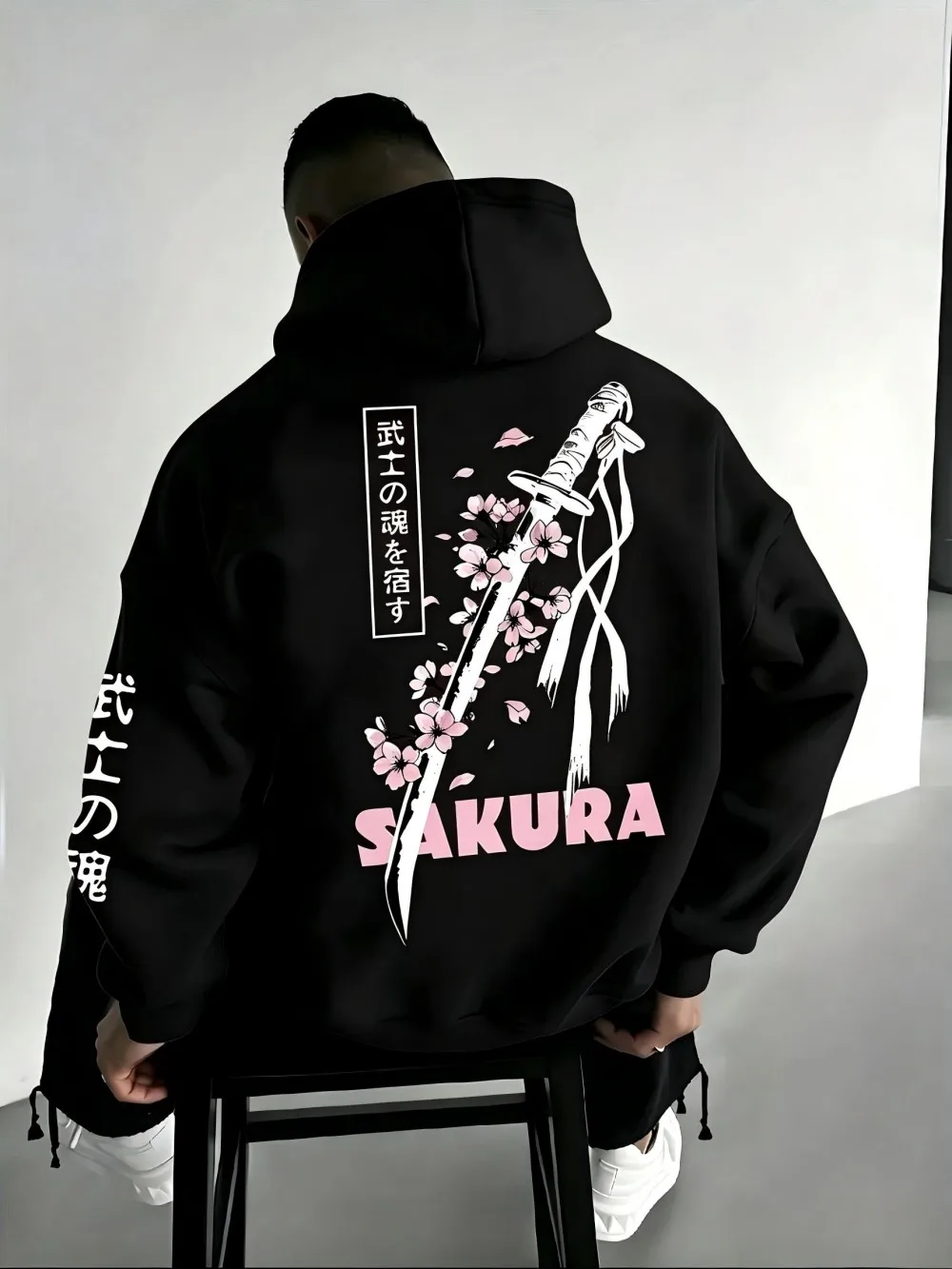 American Men's Autumn Cherry Blossom Branch Letter Print micro Elastic Comfortable Hooded Sweatshirt Outdoor Street Top