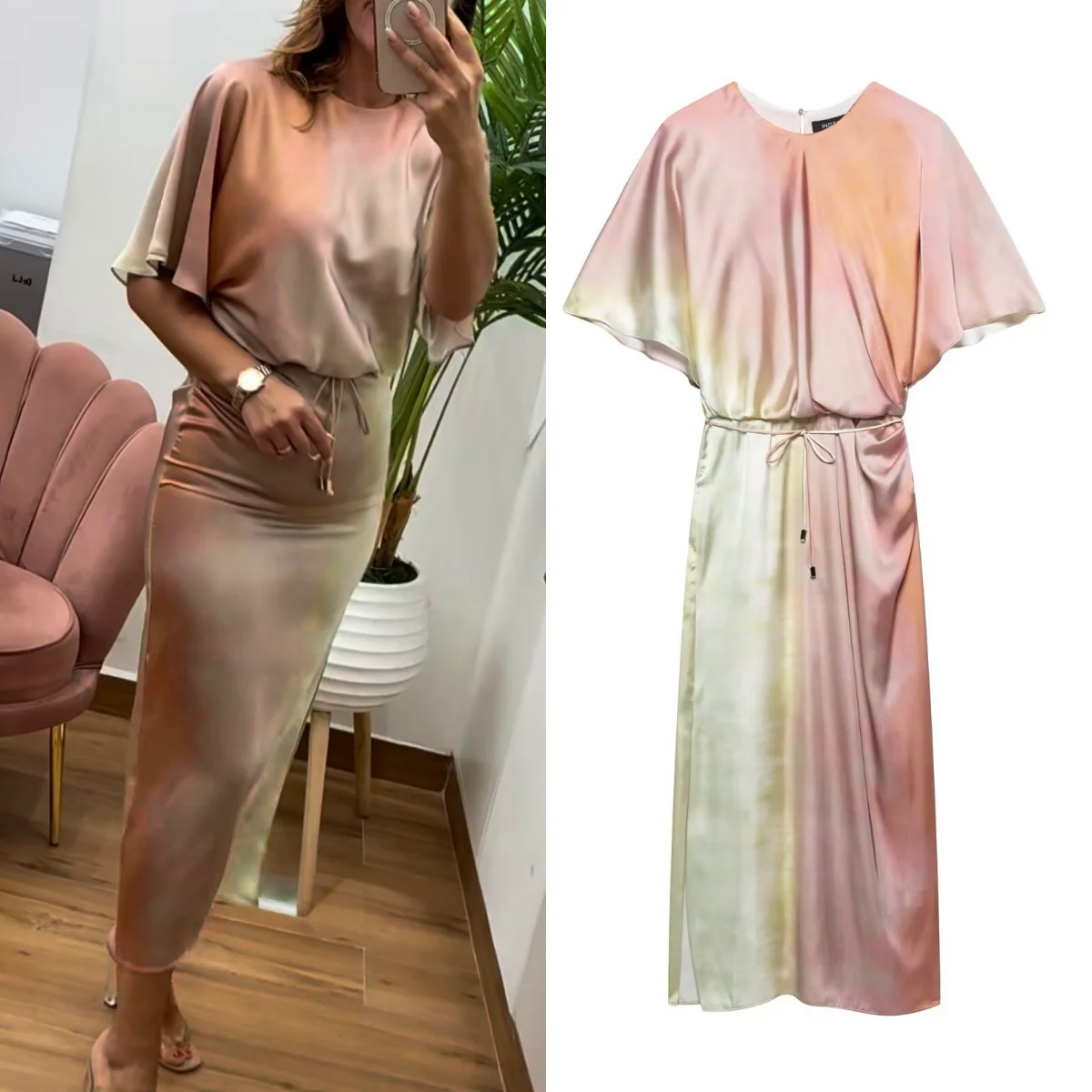 Vestido midi de satén con cuello redondo y cinturón, manga corta, cremallera trasera, vestido de fiesta de moda de verano para mujer