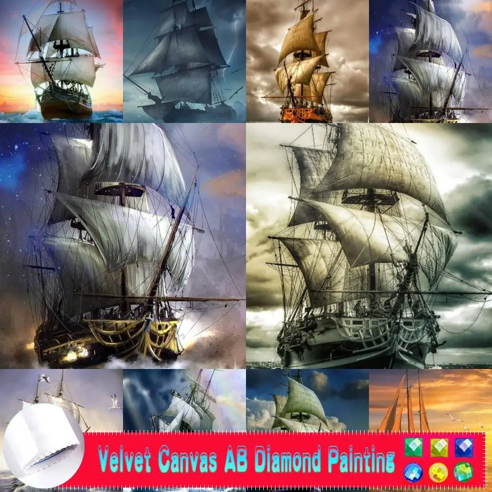 DIY 5D AB Velvet Canvas Diamond Painting Special Diamond Retro Sea Wave Sailing Boat Lightning Landscape Mosaic Pixel Embroidery