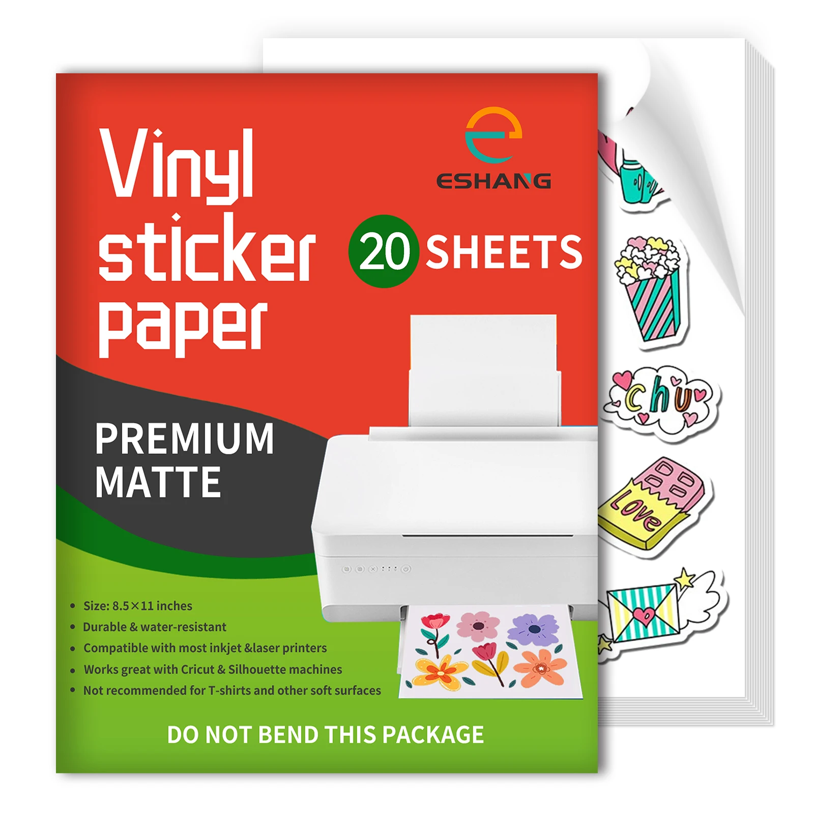 

20 Pack Letter Size Matte Printable Vinyl Sticker Paper Self-Adhesive Inkjet Compatible Tear-Resistant Labeling Paper 8.5x11"