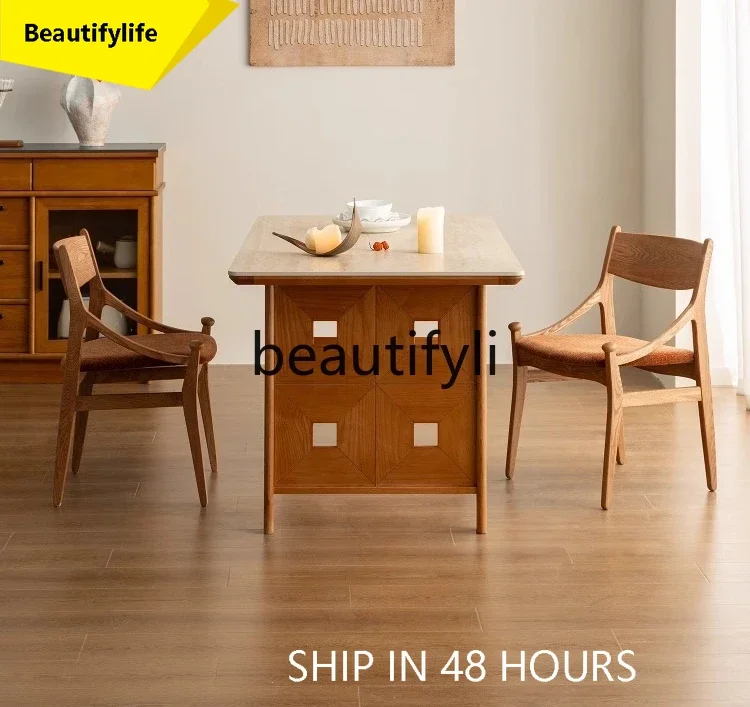 

smt1 Medieval rectangular table household light luxury high-end retro solid wood rock slab countertop dining table
