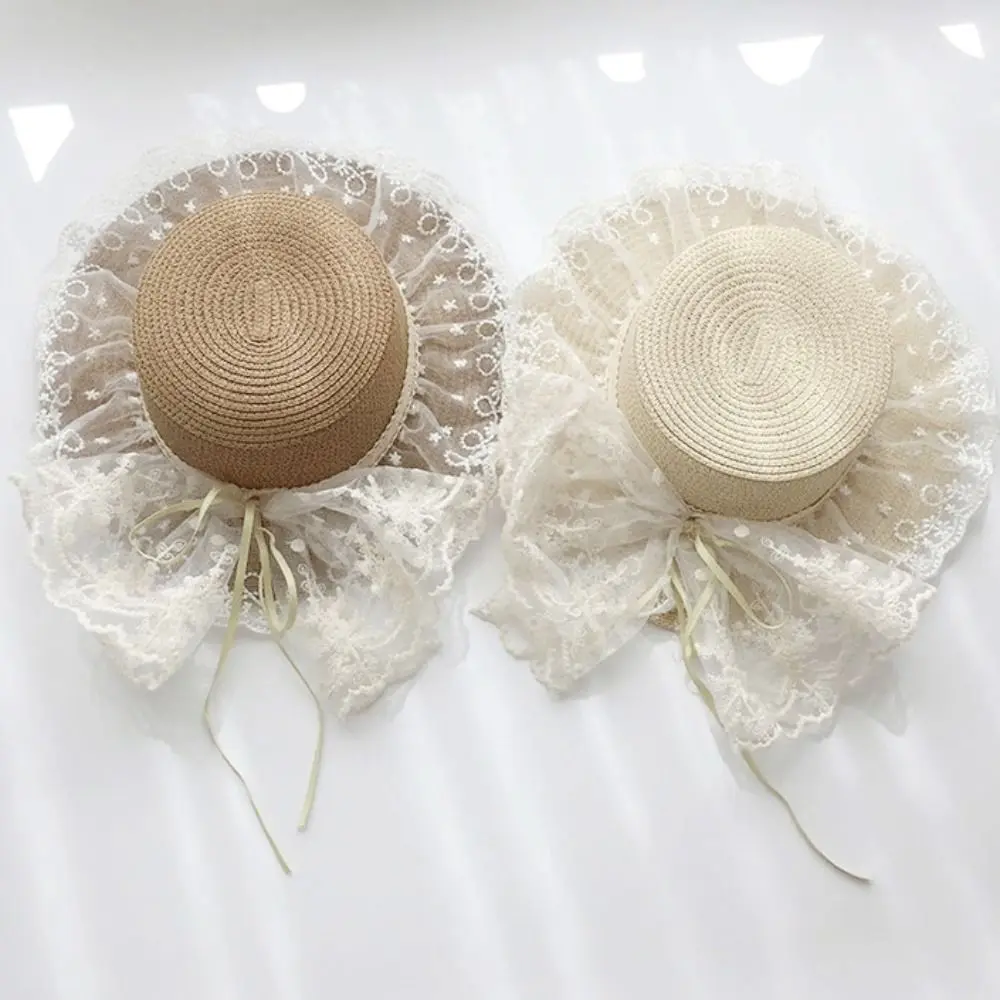 

Fisherman Cap Lace Bow Sun Hat Adjustable Breathable Straw Wide Brim Hat Lace Ruffle Sun Visor Hats Outdoor Travel
