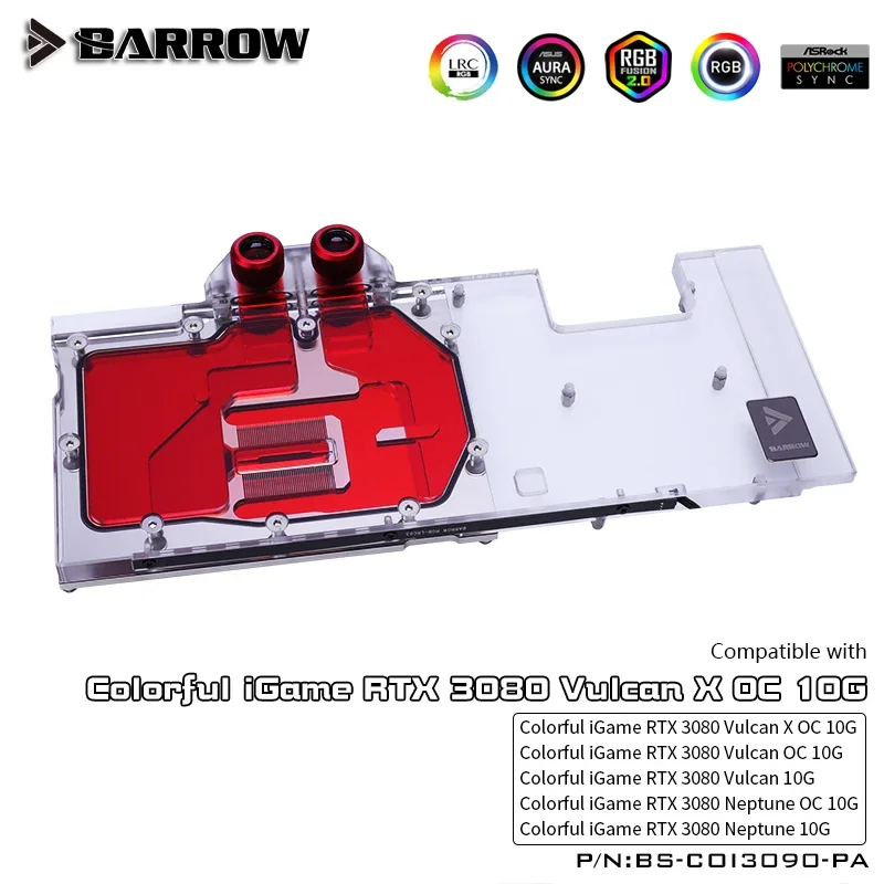 

Barrow 3080 GPU Water Block for Colorful iGame RTX 3080 Vulan X OC, Full Cover ARGB GPU Cooler, BS-COI3090-PA