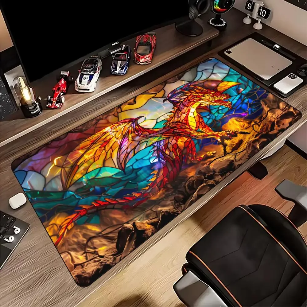 Stained Glass Dragon Large Gaming Mouse Pad Colorful Mythical Dragon Art Non‑Slip Rubber Extended Keyboard Desk Mat Stitched 