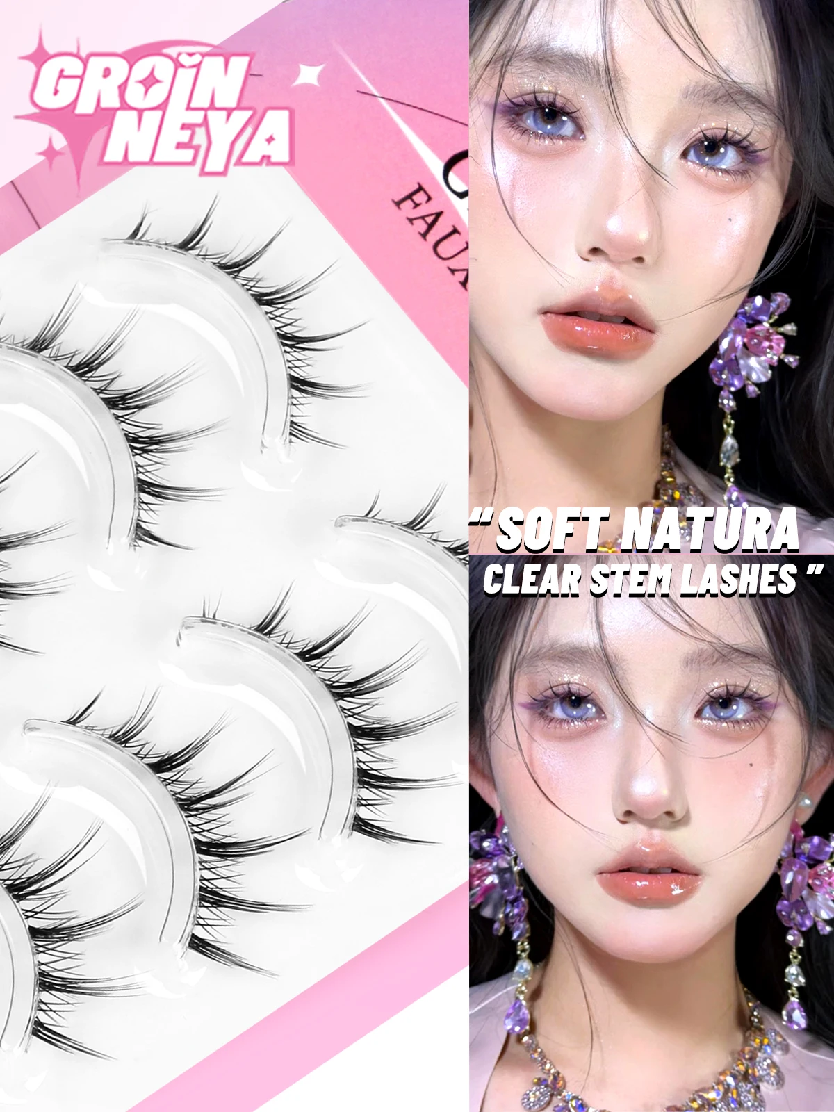 GROINNEYA Koreanische Manga-Wimpern, 5 Paar falsche Wimpern, falsche Wimpern, natürliche Wispy, weiche Wimpernverlängerung, Comic-Auge, transparentes Band