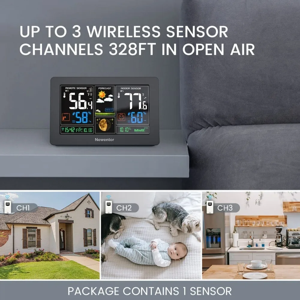 Termometer dalam ruangan luar ruangan, stasiun cuaca nirkabel, tampilan warna, termometer cuaca Digital dengan jam atom, barometrik