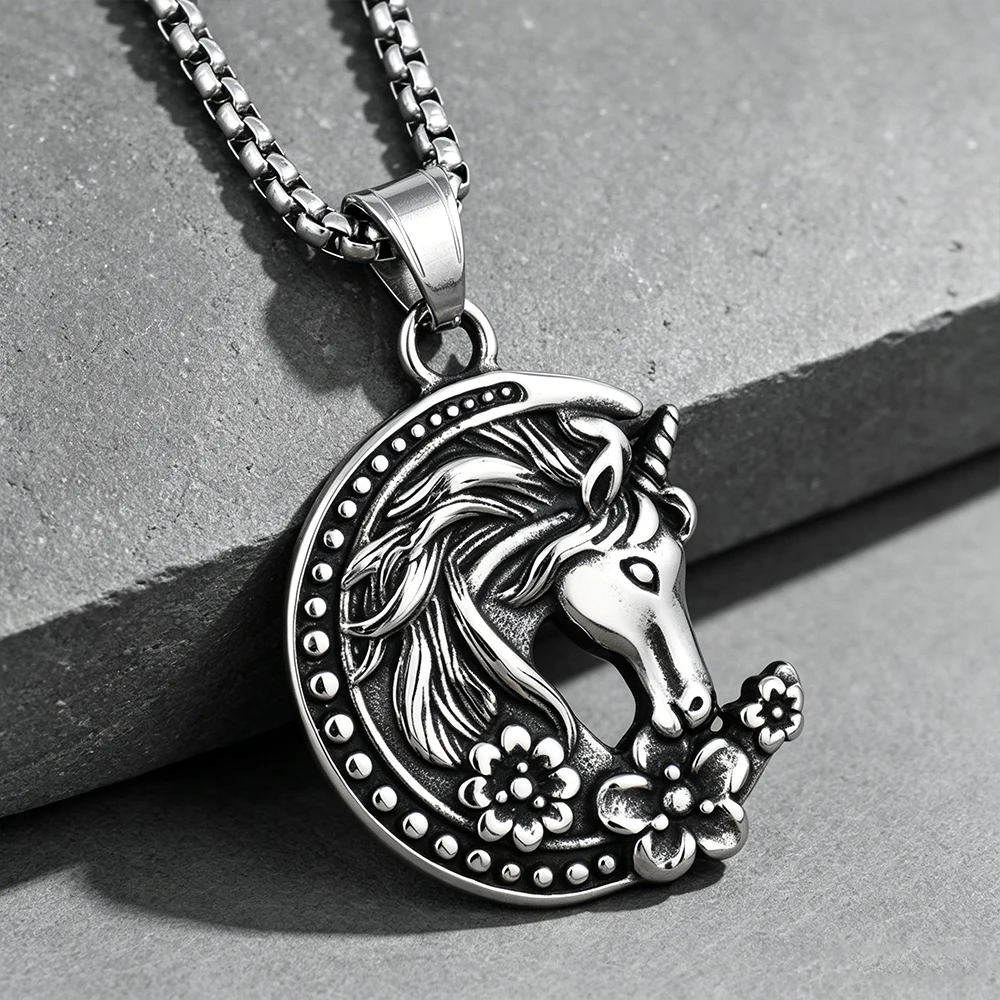 Vintage Moon Unicorn Horse Pendant Necklace Unisex Gothic Punk Fantasy Lucky Talisman Stainless Steel Jewelry Gifts Dropshipping