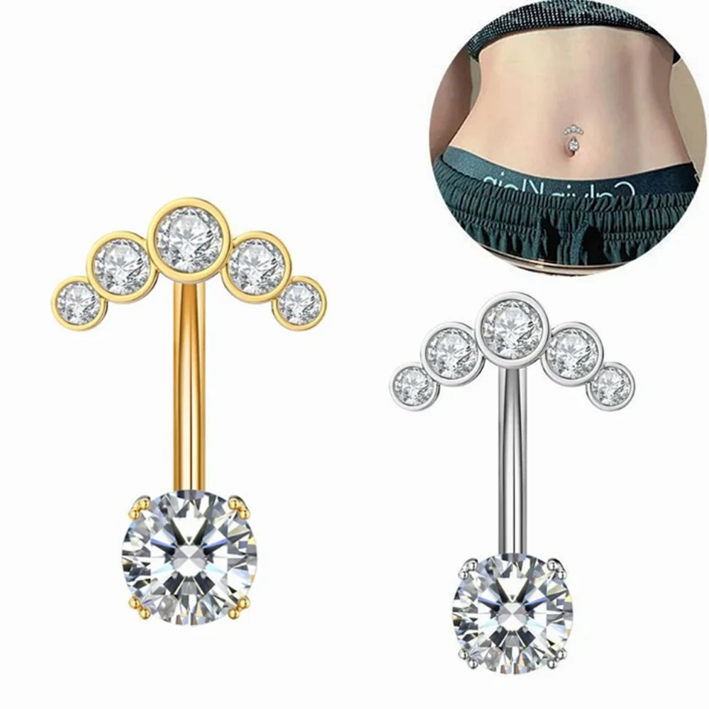1pc Reversed Barbell Zircon Belly Piercing Nombril Stainless Steel 5-Crystals Sexy Belly Button Ring 14G Curved Navel Rings