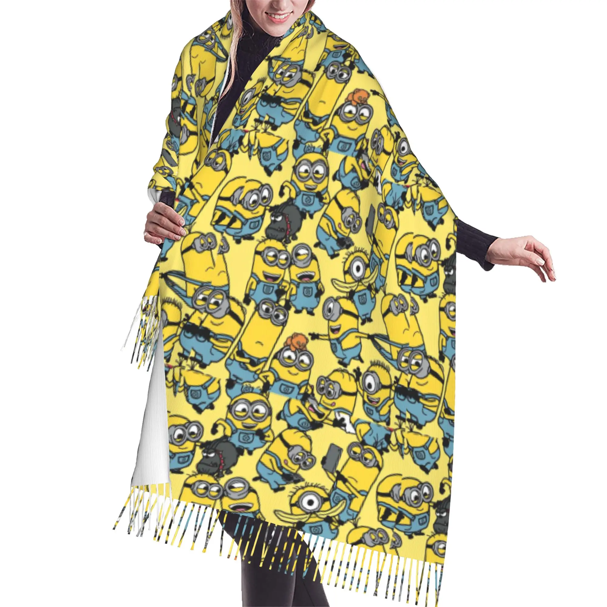 Custom M-Minioned Anime Scarf Wrap for Women Long Winter Fall Warm Tassel Shawl Unisex Manga Cartoon Scarves