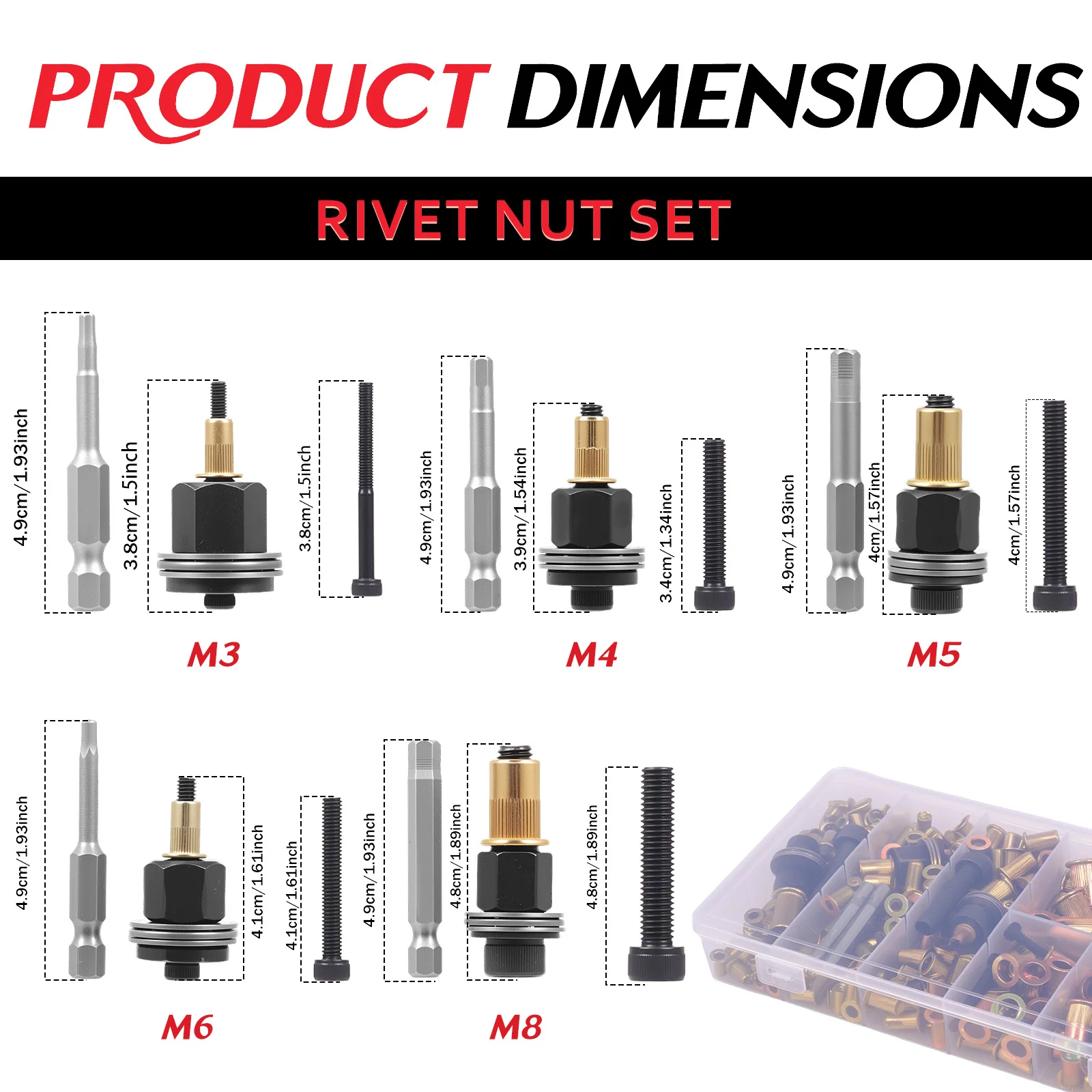 320Pcs Carbon Steel Rivet Nut Kit M3 M4 M5 M6 M8 Electric Riveter Adapter Cordless Drill Attachment Insert Blind Nuts Tools DIY