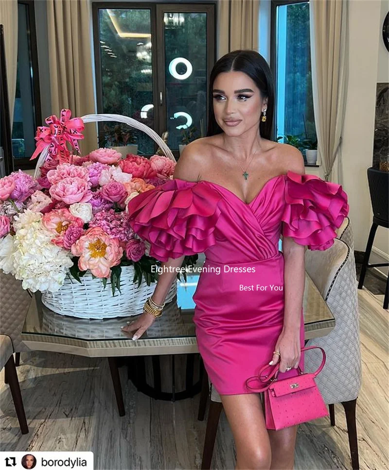 Eightree Fuchsia Short Prom Dresses Elegant Pleat Off The Shoulder Ruffles Evening Dress Robe De Soirée Party Grown Customized