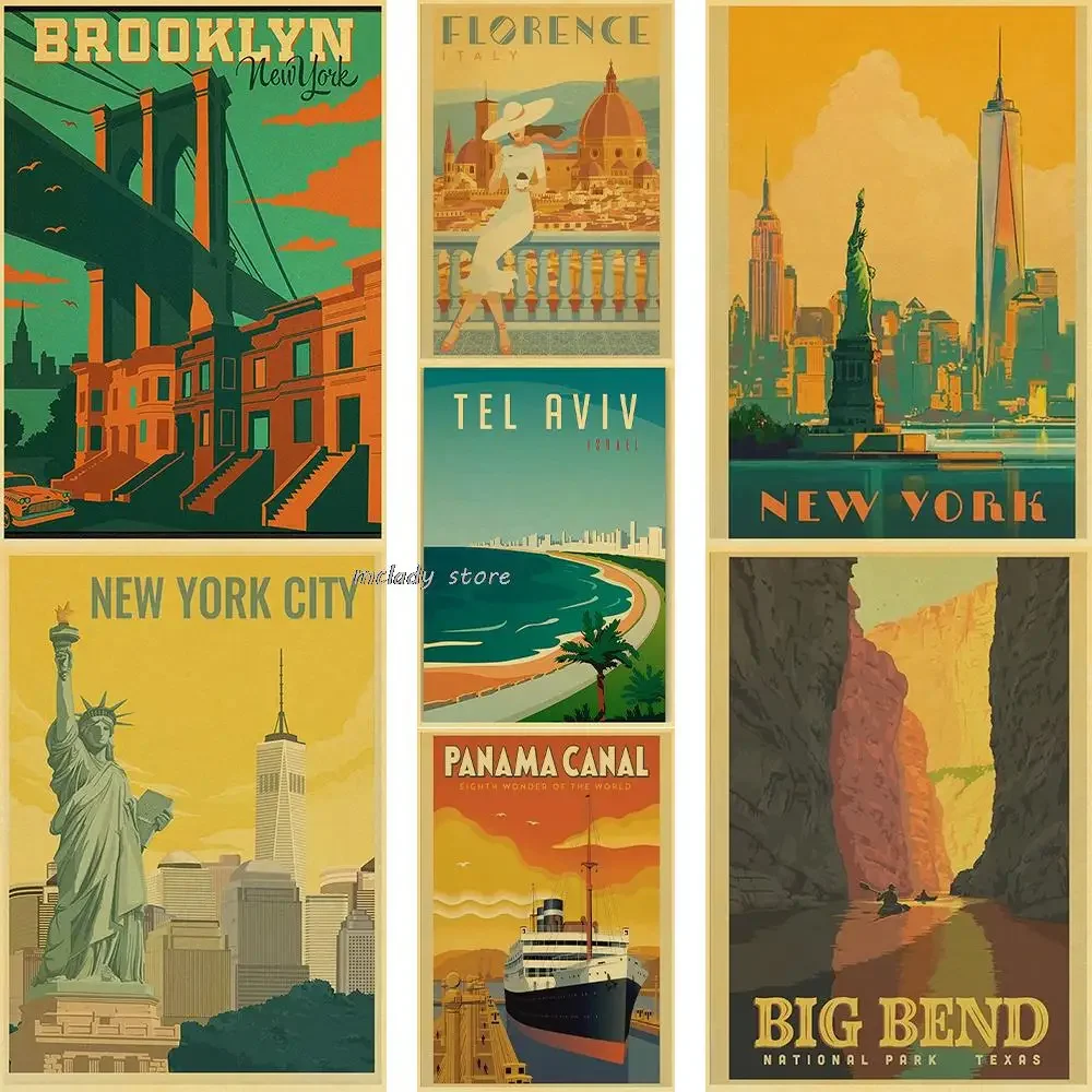 Cartoon Tourist City Poster Minimalist Wall Art New York Posters Retro Kraft Paper Art Painting Home Room Bar Decor Prints