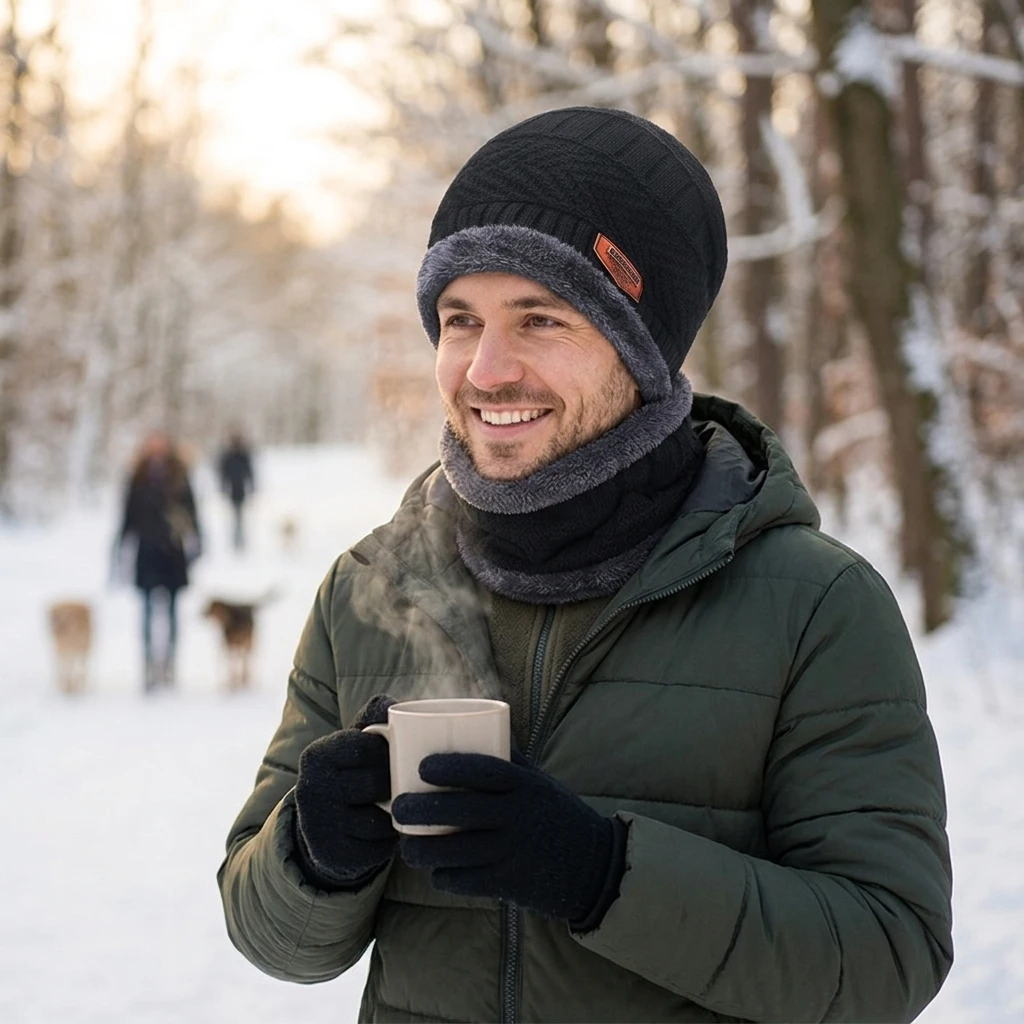 3 Piece Winter Hat Set Fleece Lined Knit Cap Neck Warmer and Gloves for Cold Weather Outdoor Travel Thermal Windproof Gear