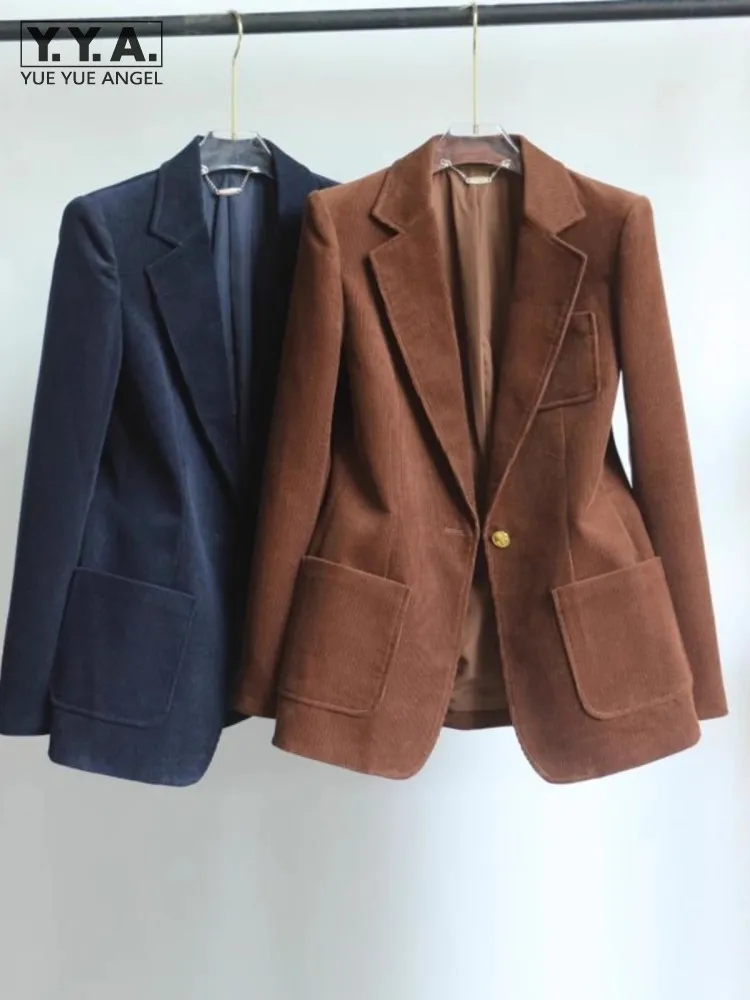 Autumn New Office Ladies Work Blazer Jacket One Button Slim Fit Corduroy Suit Coat Women Warm Padded Outwear Vintage Blazer Tops