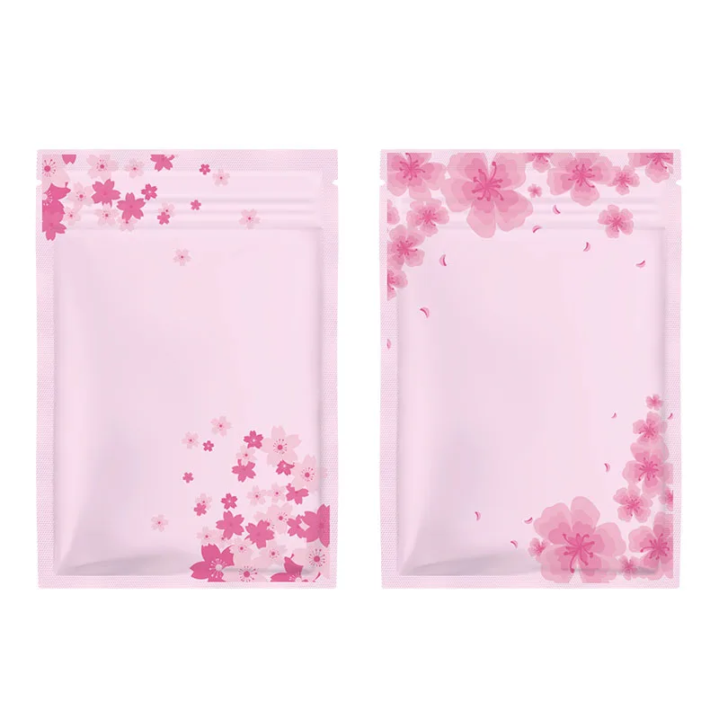 100pcs Pink Cherry Blossom Self Sealing Zipper Bag Small Flat Foil Gift Bags For Jewelry Powder Packaging Makeup Pouches